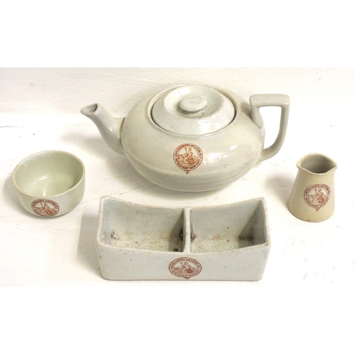 385 - LNWR table chinaware selection - teapot (Mintons) good, cream totty & pinch bowl (good), condiment d... 