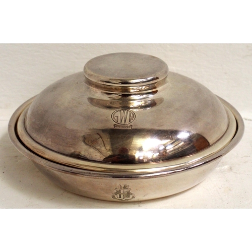 398 - GWR plated vegetable dish & lid, dish has full crest (crisp engraving, Hutton), lid post 1934 rounde... 