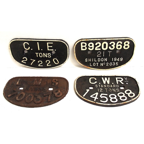 415 - D C/I wagonplates - B920368 21T SHILDON 1949, C.I.E. ? TONS 27220, GWR 12T 145888, LMS 20T 700378. (... 