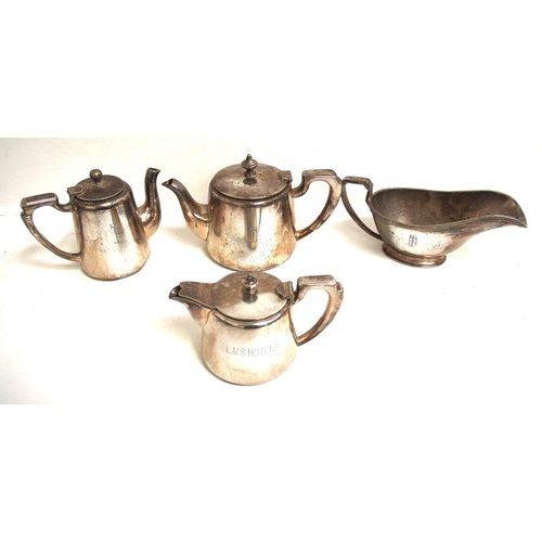 416 - LMS HOTELS silverplate - gravy/sauce boat (Walker & Hall), small teapot 1/2 Pint (Elkington), hot wa... 