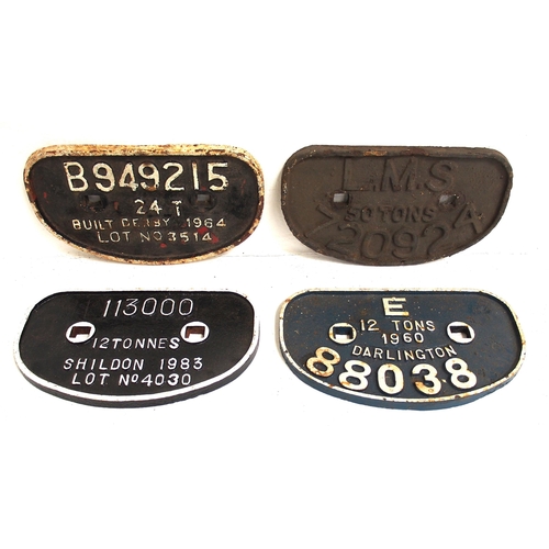 435 - D C/I wagonplates - B949215 24T DERBY 1964, LMS 50T 720924, 113000 12T SHILDON 1983, E 12T 1960 DARL... 