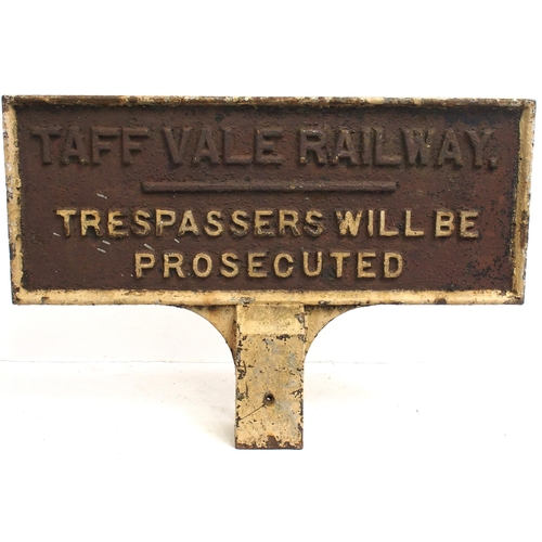 461 - Taff Vale Railway C/I trespass notice, double sided with integral square cast post fitting & ogee mo... 