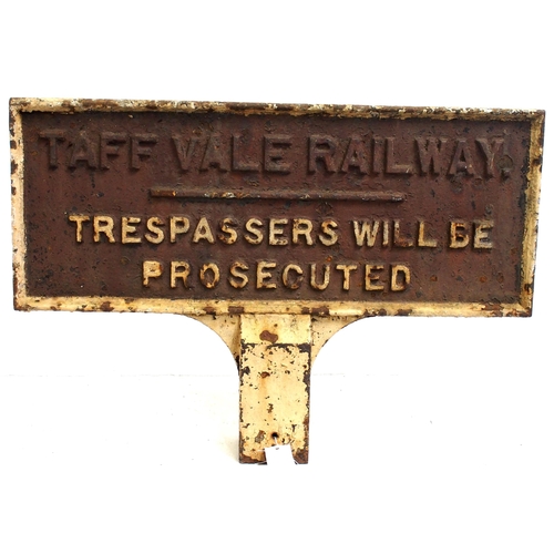 461 - Taff Vale Railway C/I trespass notice, double sided with integral square cast post fitting & ogee mo... 