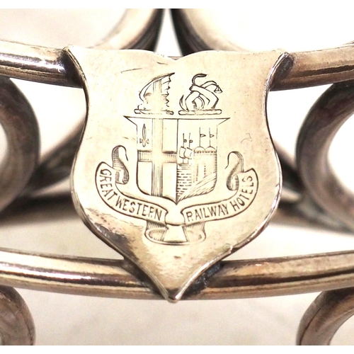 470 - GWR Hotels plated cruet stand by Mappin & Webb, coat of arms engraved with slight wear, attractive, ... 