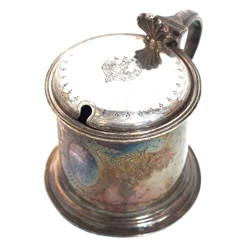 473 - LNWR plated mustard pot by Elkington engraving crisp on lid, no glass liner or spoon, stands 3