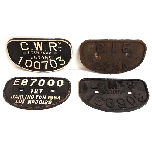 478 - D C/I wagonplates - LMS 50T 168909, GWR 20T 100703, E87000 12T DARLINGTON 1954, C.I.E. 272A. (4) (C3... 