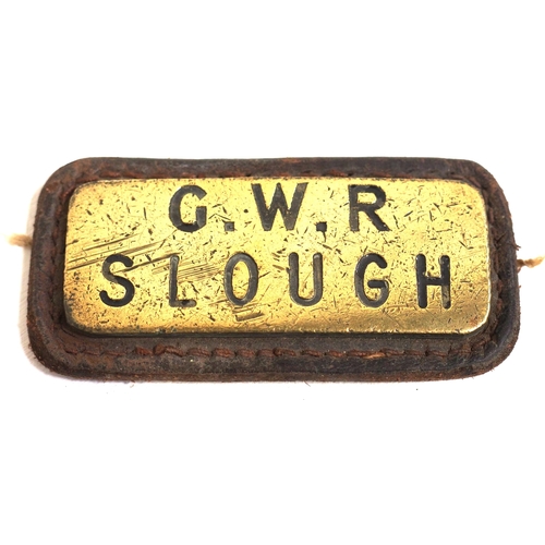 GWR leather cashbag/document folder brass plate on original mount "GWR SLOUGH". (D2) (Dispatch by Mailboxes/Collect from Banbury Depot)