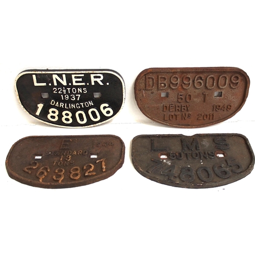 545 - D C/I wagonplates - LNER 22 1/2T 1937 DARLINGTON 188006, LMS 50T 748065, E 13T 1944 263827, DB996009... 