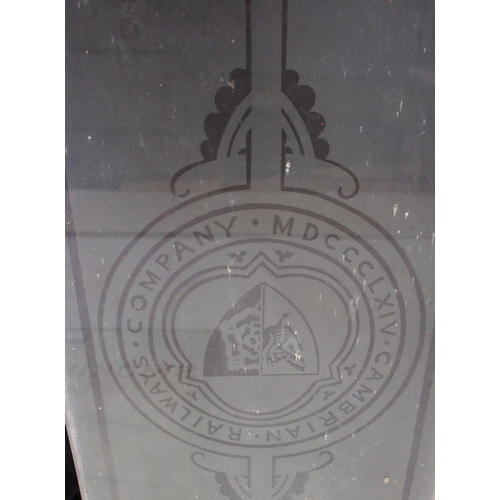 562 - Cambrian Rly etched carriage window glass unfortunately broken at top (piece present) & damage lower... 