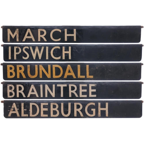 566 - Liverpool Street destination plates, ALDEBURGH, BRAINTREE, BRUNDALL, IPSWICH, MARCH, painted steel, ... 