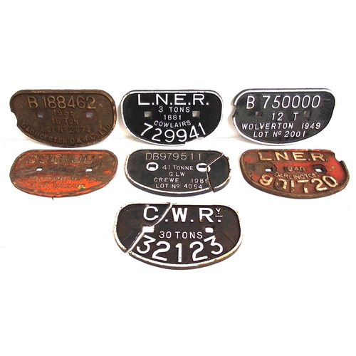 578 - D Wagonplates C/I all damaged - GWR 30T 32123, LNER 1940 DARLINGTON 901720, DB979511 41 TONNE CREWE ... 