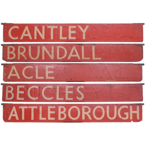 587 - Liverpool Street destination plates, ATTLEBOROUGH, BECCLES, ACLE, BRUNDALL, CANTLEY, painted wood, s... 