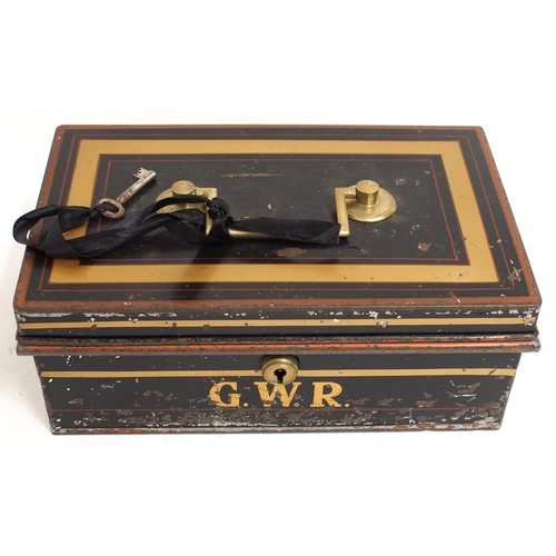 627 - GWR tinplate cash box with three internal compartments & correct key, 10½