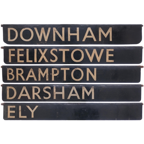 Liverpool Street destination plates, ELY, DARSHAM, BRAMPTON, FELIXSTOWE, DOWNHAM, painted steel, length 21½", original condition. O(MN) (Collect Banbury / Maibox).