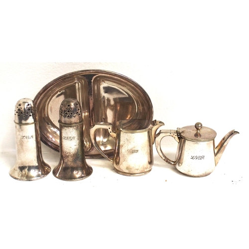 689 - LNER silverplate - teapot (Walker & Hall), hot water jug (Hutton), serving dish 10