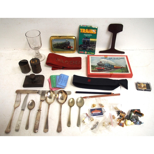 692 - Miscellaneous items as per images including GER glass, GER paperweight, BR tie, badges, cutlery, pap... 