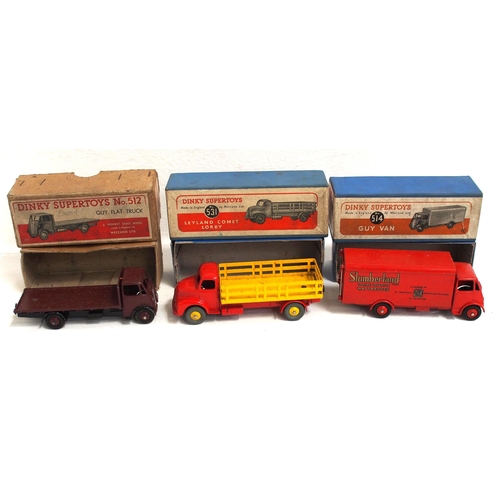 774 - Dinky Supertoys boxed models 0 Leyland Comet lorry, Guy flat truck, Guy van (Slumberland), all in go... 