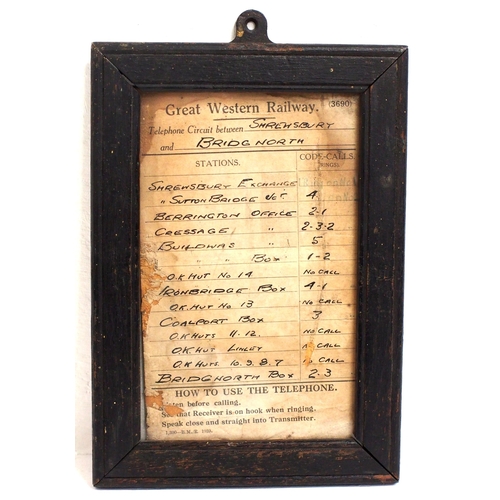 79 - GWR telephone circuit card in original branded GWR glazed frame 