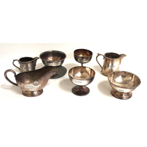 800 - Selection of LNER silverplate - gravy/sauce boat, hot water jugs x2, sundae dishes x 3 & BR(E) sunda... 