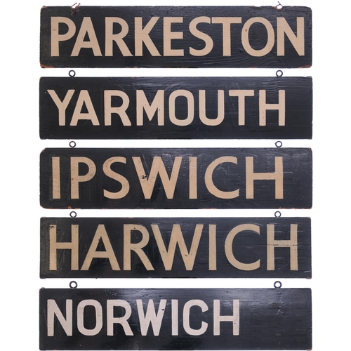 815 - Liverpool Street destination plates, IPSWICH, NORWICH, HARWICH, YARMOUTH, PARKESTON, painted wood, s... 