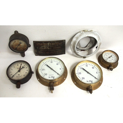 Quantity of grass cased pressure gauges, carriage light fitting & "SPANNER" boiler worksplate as per images. (A2) (Dispatch by Mailboxes/Collect from Banbury Depot)