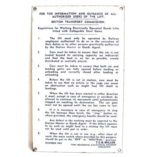 892 - BR(E) BTC enamel notice stating regulations allied to operation of Good Lifts etc, 8