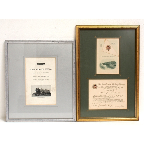 909 - Framed & glazed items - GER Printing Office Annual Dinner card 1905, GWR Royal Navel review Spithead... 