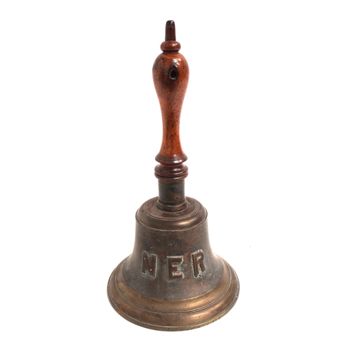 914 - North Eastern Rly cast brass hand bell, beautiful condition, stands 13