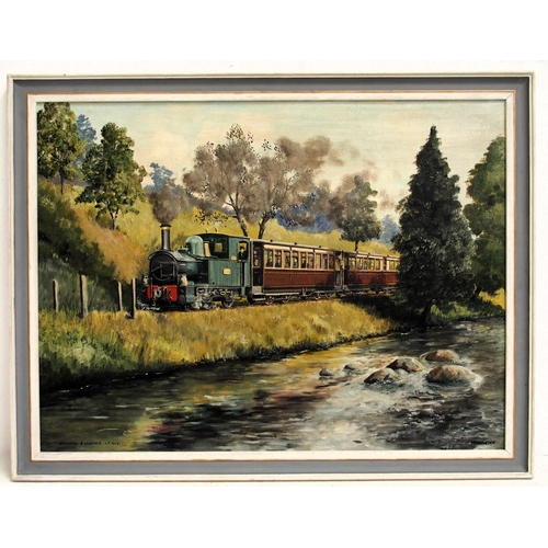 974 - Original oil painting of Welshpool & Llanfair railway train near river, Don Breckon framed print, bo... 