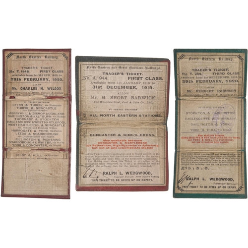 424 - Group of North Eastern Railway leather passes (contract tickets), with gilt coat of arms and titles,... 