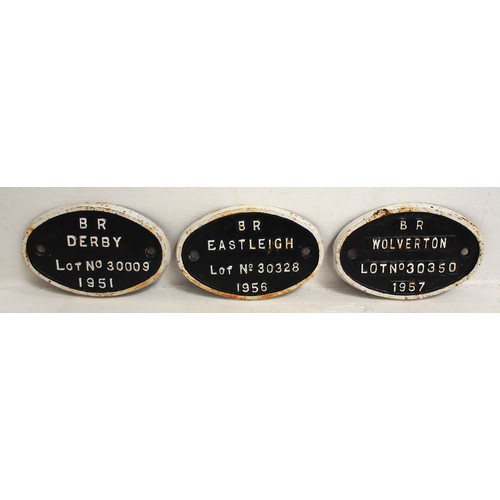 967 - BR C/I rolling stock builders plates - BR EASTLEIGH LOT 30328 1956, BR WOLVERTON LOT 30350 1957, BR ... 