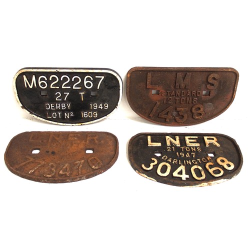 456 - D C/I wagonplates - M622267 27T DERBY 1949, LMS 12T 1438. LNER 12T 773470, LNER 21T 1947 DARLINGTON ... 