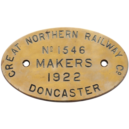 116 - A worksplate, GREAT NORTHERN RAILWAY, 1546, DONCASTER, 1922, from a GNR J50 Class 0-6-0T No 3223 bui... 