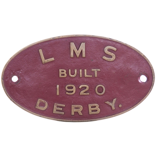 122 - A worksplate, LMS BUILT 1920 DERBY. Locos built by the Midland Railway at Derby in 1920 were 3835 Cl... 