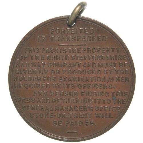 123 - A North Staffordshire Railway second class free pass, copper with coat of arms and conditions of iss... 