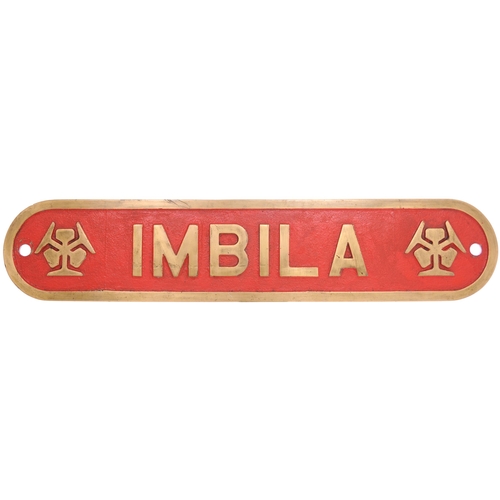 124 - A locomotive nameplate, IMBILA, from a Rhodesia Railways 3ft 6ins gauge 15th Class 4-6-4+4-6-4 Beyer... 