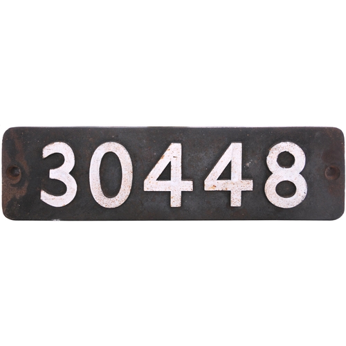 144 - A smokebox numberplate, 30448, from the SR King Arthur Class 4-6-0 SIR TRISTRAM. Ex loco condition. ... 