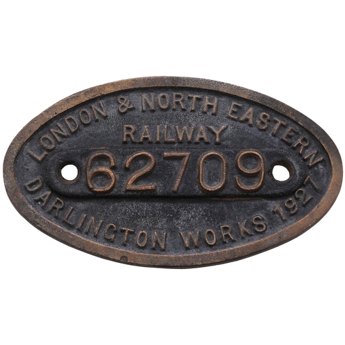 150 - A worksplate, LONDON & NORTH EASTERN RAILWAY, 62709, DARLINGTON WORKS, 1927, from a LNER D49 Shire C... 