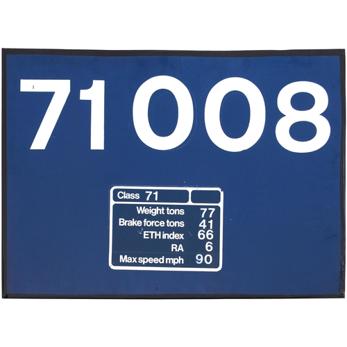 174 - A flamecut cabside number panel, 71 008, with data panel, from a BR Class 71 electric loco E5008 bui... 