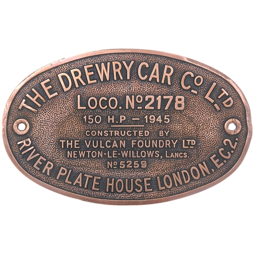 182 - A worksplate VULCAN FOUNDRY 5259, DREWRY CAR Co 2178 of 1945. From a 150HP 0-4-0 diesel mechanical l... 