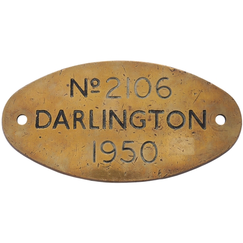 192 - A worksplate, No 2106, DARLINGTON, 1950, from a Thompson B1 Class 4-6-0 No 61404 allocated new to   ... 