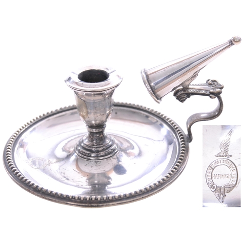 3 - A Great Eastern Hotel Harwich candlestick and tray, the handle with snuffer attached, the tray marke... 