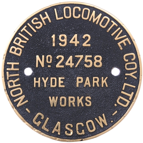 343 - A worksplate, NORTH BRITISH LOCOMOTIVE Co, HYDE PARK, 24758, 1942, from a War Department Stanier 8F ... 