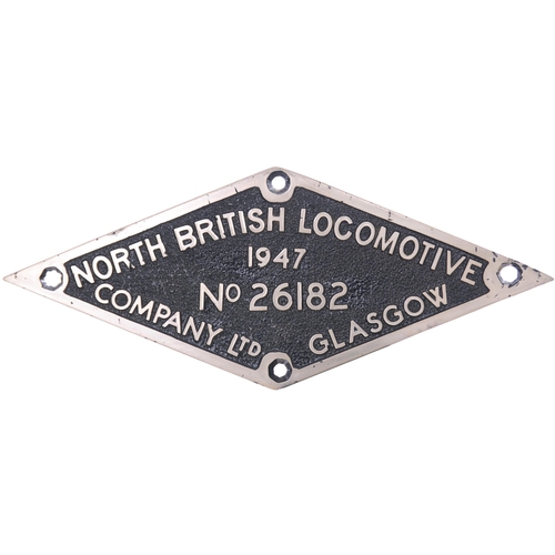 369 - A worksplate, NORTH BRITISH LOCOMOTIVE Co, 26182, 1947, from a LNER B1 Class 4-6-0 No 1281 which ent... 