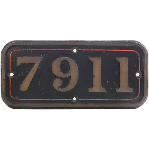 385 - A (GWR) cabside numberplate, 7911, from the Modified Hall 6959 class 4-6-0 LADY MARGARET HALL. Cast ... 