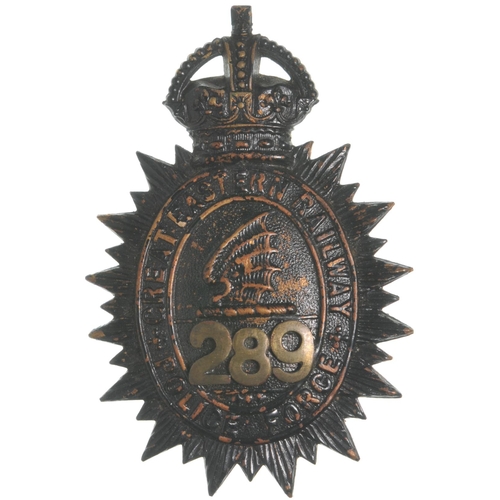 400 - A GER policeman's helmet cap badge, GREAT EASTERN RAILWAY POLICE, 289, with bat's wing device, embos... 