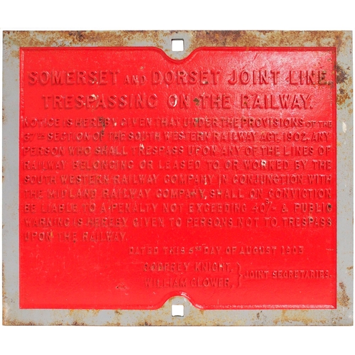 404 - A Somerset and Dorset Joint Line trespass notice, cast iron, 26