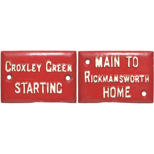 414 - A pair of LNWR signal box lever description plates, CROXLEY GREEN STARTING, also MAIN TO RICKMANSWOR... 