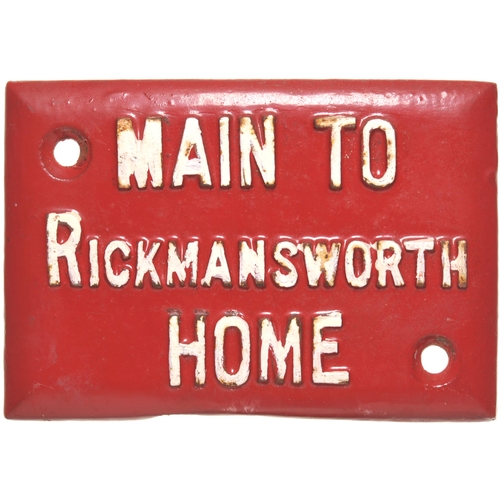 414 - A pair of LNWR signal box lever description plates, CROXLEY GREEN STARTING, also MAIN TO RICKMANSWOR... 