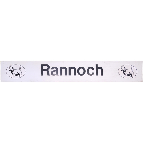 62 - A  station sign, RANNOCH, (flanged), with the West Highland Line Scottie Dog motif at each end. Alum... 